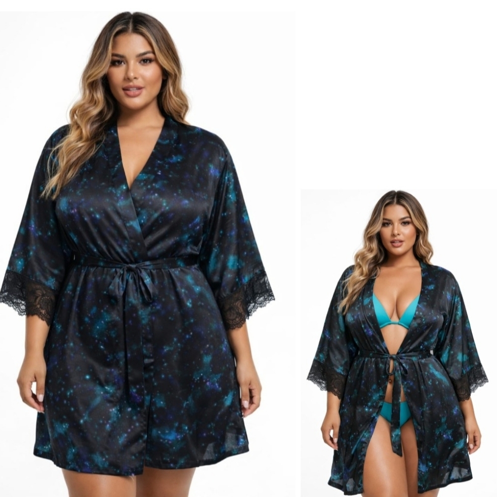 Nwt Frederick's of Hollywood x Megan Fox Iyala Galaxy Print Satin Robe Celestial